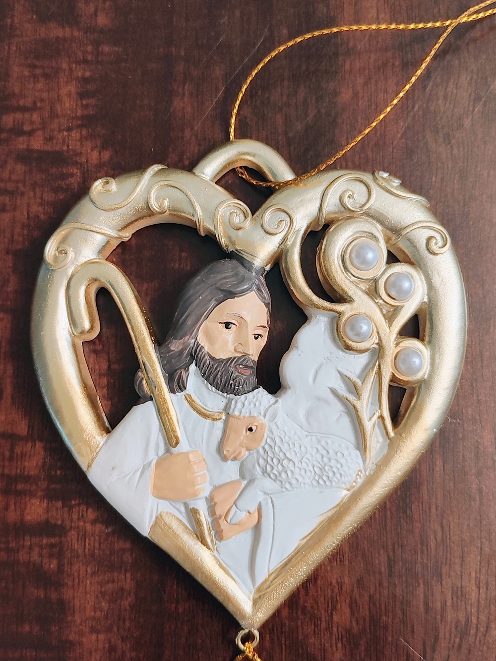Gold and White Shepherd Heart Ornament - Religious Holiday Decoration